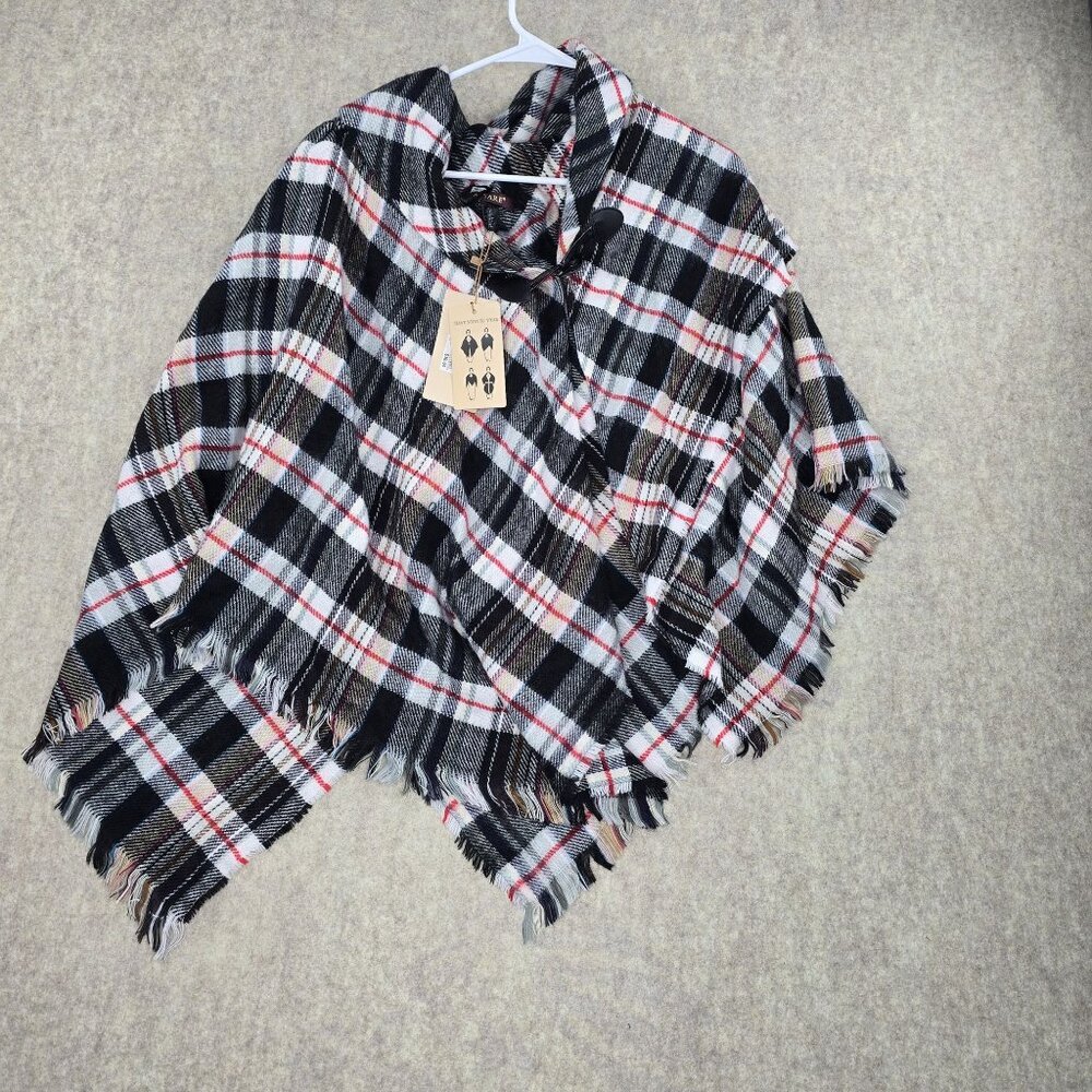 Altare Black Plaid Acrylic Fringed Cape Poncho With Toggle Closure And Tags